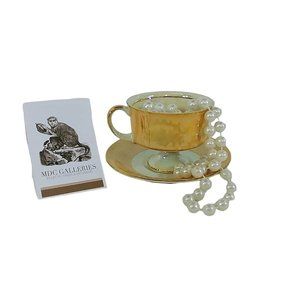Teacup Saucer Royal Crown Iridescent Peach Gold Hallmarked #2852 VIntage Decor
